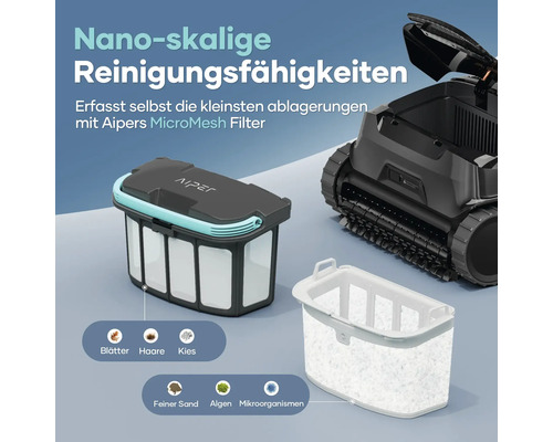 Aipers Poolreinigungsroboter mit MicroMesh Filter für Blätter, Haare, Kies, feinen Sand, Algen und Mikroorganismen
