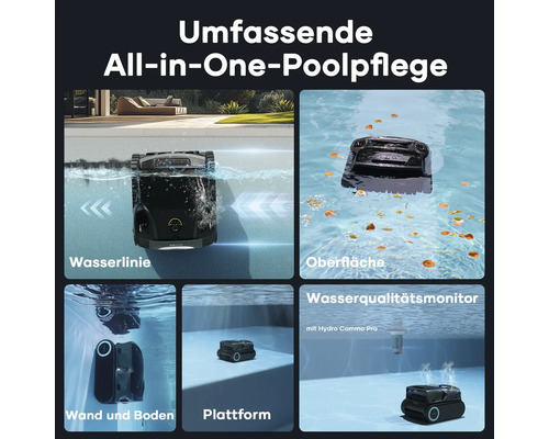 All-in-One-Poolpflege: Der Poolroboter reinigt die Wasserlinie, Oberfläche, Wand, Boden, Plattform und überwacht die Wasserqualität.