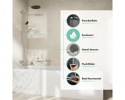 Badewanne mit Duscharmatur und Produktinformationen zu PowderRain, EcoSmart, Handbrause, PushSlider und Badthermostat.