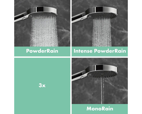 Duschkopf mit drei Strahlarten: PowderRain, Intense PowderRain und MonoRain
