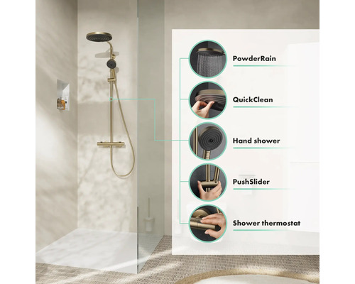 Aufputz-Duschsystem mit Kopfbrause, Handbrause, Brauseschlauch und Thermostatarmatur im Badezimmer