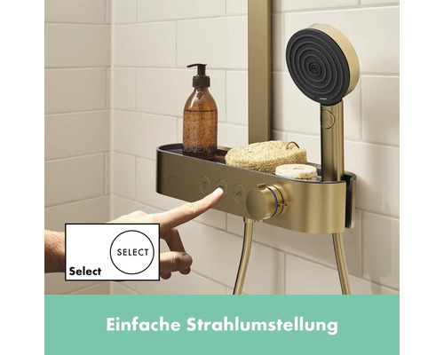 Brausegarnitur mit Ablage und Select-Funktion im Badezimmer