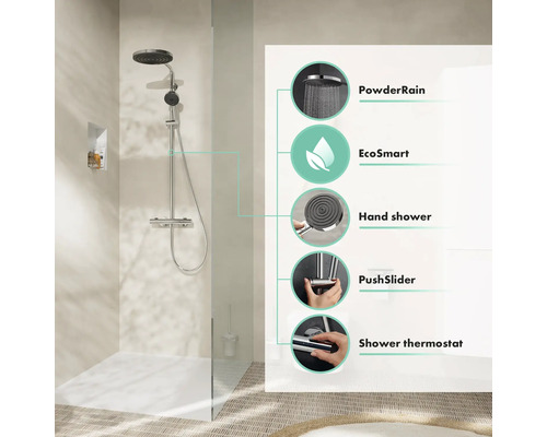 Duschsystem mit Kopfbrause, Handbrause, EcoSmart Technologie, PushSlider und Duschthermostat