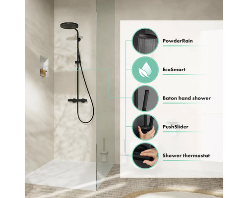 Schwarze Duscharmatur mit Thermostat, Kopfbrause, Handbrause und verschiedenen Funktionen im Badezimmer