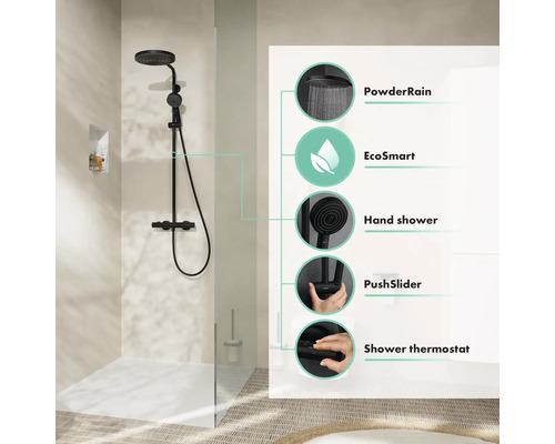 Duschsystem mit PowderRain, EcoSmart, Handbrause, PushSlider und Duschthermostat.