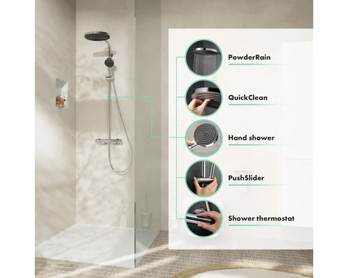 Duschsystem mit PowderRain, QuickClean, Handbrause, PushSlider und Brausethermostat im Badezimmer.
