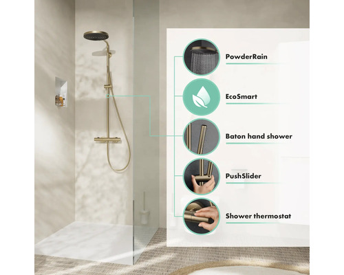 Duschsystem mit Kopfbrause, Handbrause, Thermostat und den Hinweisen PowderRain, EcoSmart, Baton Handbrause, PushSlider, Duschthermostat