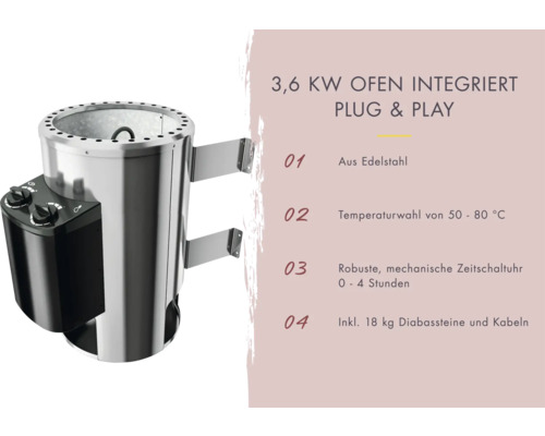 Saunaofen mit 3,6 Kilowatt Leistung aus Edelstahl