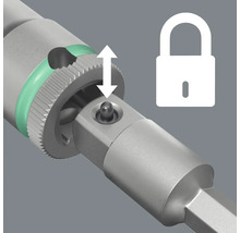 Arretierfunktion eines Schraubwerkzeugs mit Pfeil und Schloss-Symbol