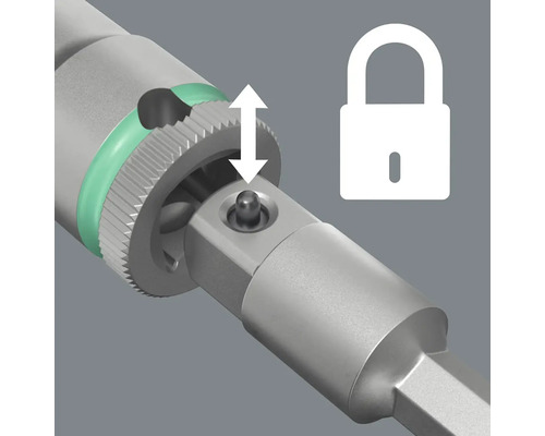 Arretierfunktion eines Schraubwerkzeugs mit Pfeil und Schloss-Symbol