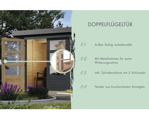 Doppelflügeltür mit Fenster aus bruchsicherem Kunstglas und Metallrahmen für zusätzlichen Witterungsschutz.