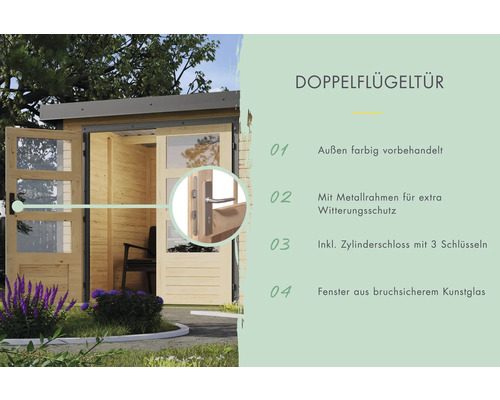 Doppelflügeltür für Gartenhaus mit Metallrahmen und Zylinderschloss