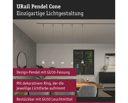 URail Pendelleuchte Cone über einem Esstisch mit Stühlen