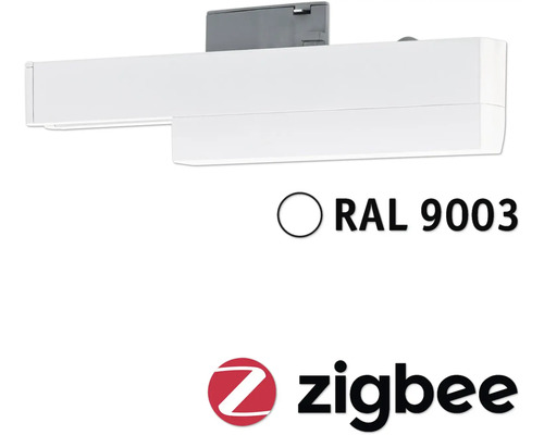 Weiße Markise mit Zigbee Logo und RAL 9003 Kennzeichnung