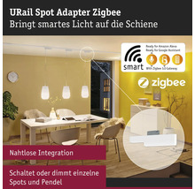 Adaptateur de spot URail Zigbee dans un salon avec table à manger et suspensions.