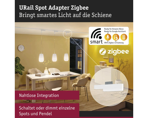 URail Spot Adapter Zigbee in einem Wohnzimmer mit Esstisch und Pendelleuchten.