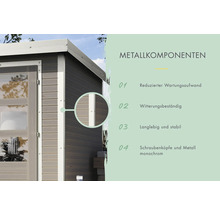 Informationen zu den Metallkomponenten eines Gartenhauses: geringerer Wartungsaufwand, witterungsbeständig, langlebig, stabil, Schraubenköpfe und Metall monochrom