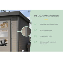 Gartenhaus mit Metallkomponenten: geringer Wartungsaufwand, witterungsbeständig, langlebig, Schraubenköpfe und Metall monochrom