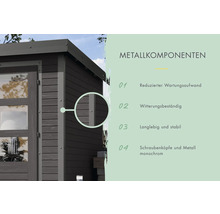 "Detailansicht eines Gartenhauses mit Fokus auf Metallkomponenten, die wartungsarm, witterungsbeständig, langlebig und stabil sind