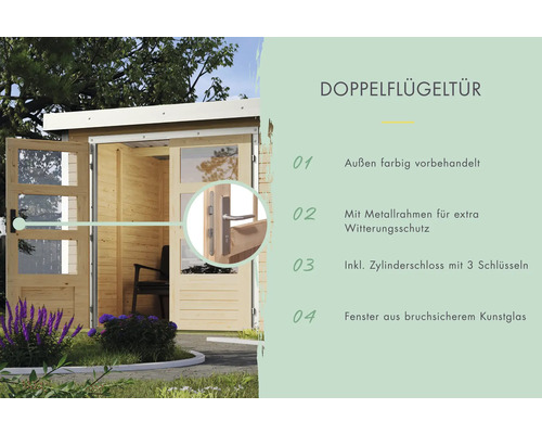 Doppelflügeltür mit Metallrahmen und Zylinderschloss für Gartenhaus