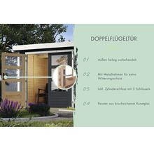 Doppelflügeltür mit Metallrahmen und Zylinderschloss für Gartenhaus