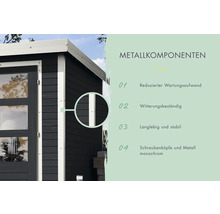 Detailansicht eines Gartenhauses mit Fokus auf Metallkomponenten, hervorgehobene Eigenschaften und Vorteile.
