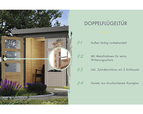 Doppelflügeltür mit Metallrahmen, Zylinderschloss und Fenstern aus Kunstglas