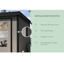 Detailansicht eines Gartenhauses mit metallischen Komponenten für Stabilität und geringen Wartungsaufwand