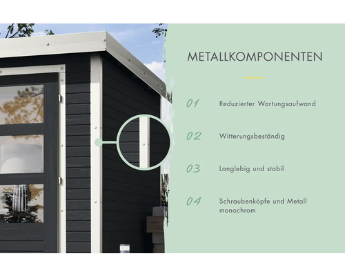 Detailansicht eines Gartenhauses mit Fokus auf Metallkomponenten, hervorgehobene Eigenschaften: reduzierter Wartungsaufwand, Witterungsbeständigkeit, Langlebigkeit und monochrome Schraubenköpfe