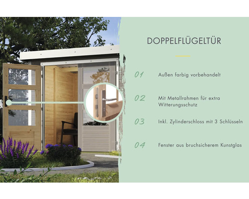 Doppelflügeltür mit Fenster aus bruchsicherem Kunstglas und Metallrahmen für extra Witterungsschutz