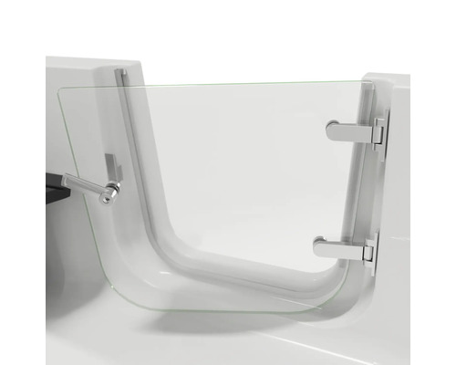 Badewannentür aus Glas mit Griff und Scharnieren an einer weißen Badewanne