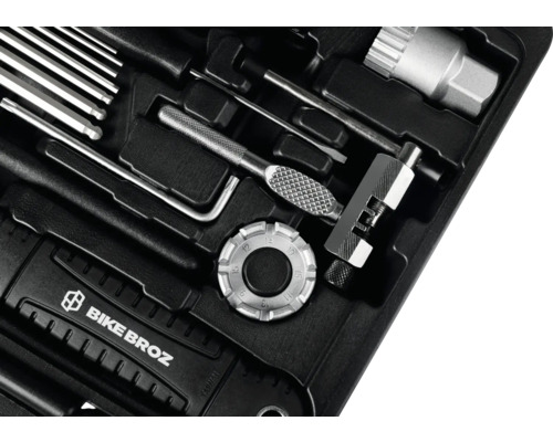 Kit d''outils pour vélo de Bike Broz dans une boîte à outils noire.