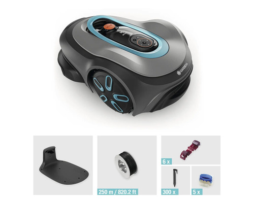 Gardena Mähroboter mit Ladestation, Begrenzungskabel, Haken, Anschlussklemmen und Muttern