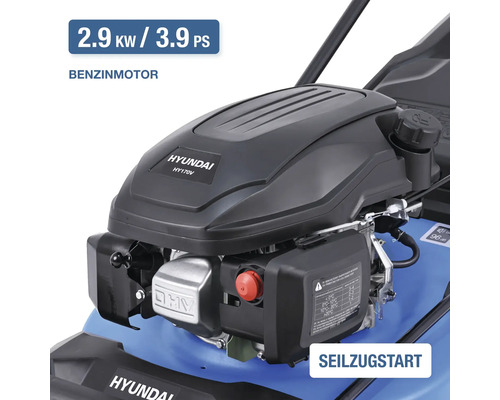 Vue détaillée de la tondeuse à gazon Hyundai avec moteur à essence