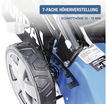 Vue détaillée d''une tondeuse à gazon avec sept réglages de hauteur et une hauteur de coupe de 25 à 75 millimètres.