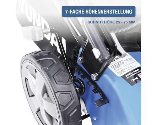 Vue détaillée d''une tondeuse à gazon avec sept réglages de hauteur et une hauteur de coupe de 25 à 75 millimètres.