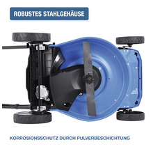 Dessous d''une tondeuse à gazon avec boîtier en acier et revêtement en poudre pour la protection contre la corrosion