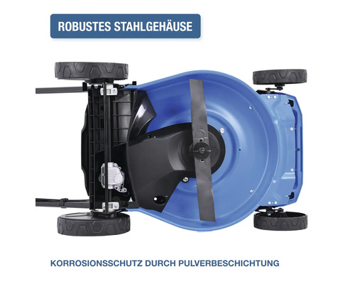 Dessous d''une tondeuse à gazon avec boîtier en acier et revêtement en poudre pour la protection contre la corrosion