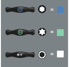 Darstellung von Schraubendrehergriffen mit unterschiedlichen Schraubentypen und deren zugeordneten Farben.