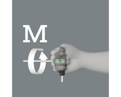 Illustration einer Hand, die einen Wera Winkelschraubendreher benutzt, mit Drehbewegung.