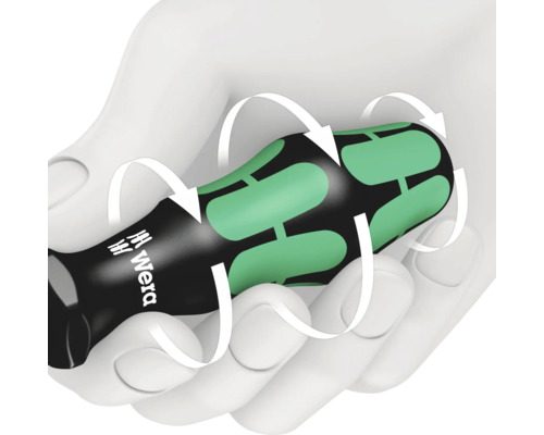 Logo Wera sur manche de tournevis dans la main avec des flèches de rotation