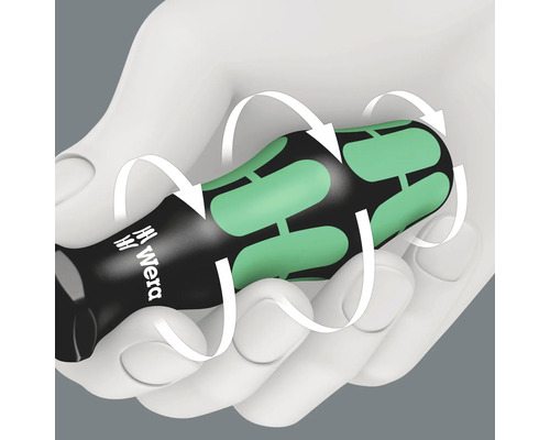 Illustration d''un tournevis Wera dans une main, qui démontre la poignée ergonomique.