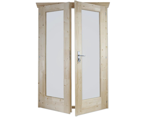 Porte double ouverte en bois avec vitrage