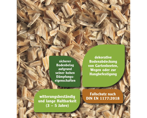 Nahaufnahme von Holzhackschnitzeln als Bodenbelag mit Hinweisen zu Dämpfungseigenschaften, dekorativer Bodenabdeckung, Witterungsbeständigkeit und Fallschutz nach DIN EN 1177:2018.