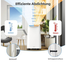 Climatiseur mobile dans un salon avec fonctions de refroidissement et de chauffage, ainsi que du mastic et une fermeture à clip pour une étanchéité efficace.