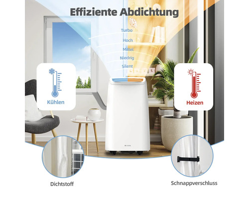 Climatiseur mobile dans un salon avec fonctions de refroidissement et de chauffage, ainsi que du mastic et une fermeture à clip pour une étanchéité efficace.