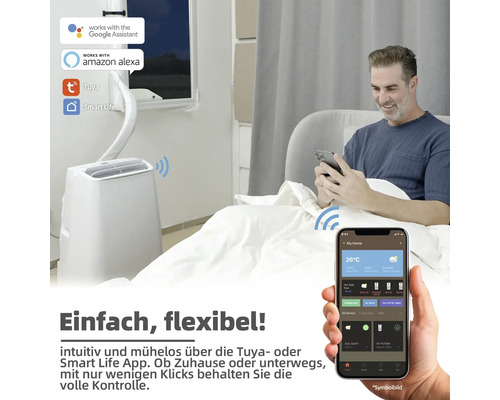 Climatiseur mobile avec homme au lit et contrôle par application smartphone