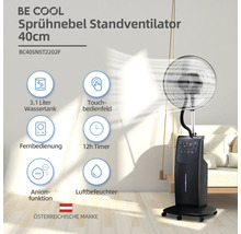 Ventilateur sur pied brumisateur Be Cool d''un diamètre de 40 centimètres, réservoir d''eau de 3,1 litres, panneau de commande tactile, télécommande, minuterie de 12 heures, fonction anion, humidificateur d''air et label de marque autrichienne.