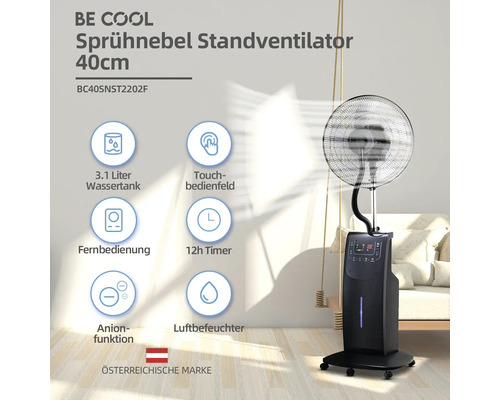 Ventilateur sur pied brumisateur Be Cool d''un diamètre de 40 centimètres, réservoir d''eau de 3,1 litres, panneau de commande tactile, télécommande, minuterie de 12 heures, fonction anion, humidificateur d''air et label de marque autrichienne.