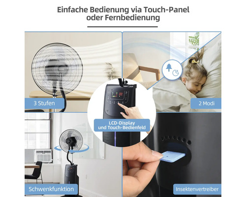 Ventilateur humidificateur avec écran tactile et télécommande, trois vitesses, fonction pivotante, écran LCD, deux modes et anti-insectes